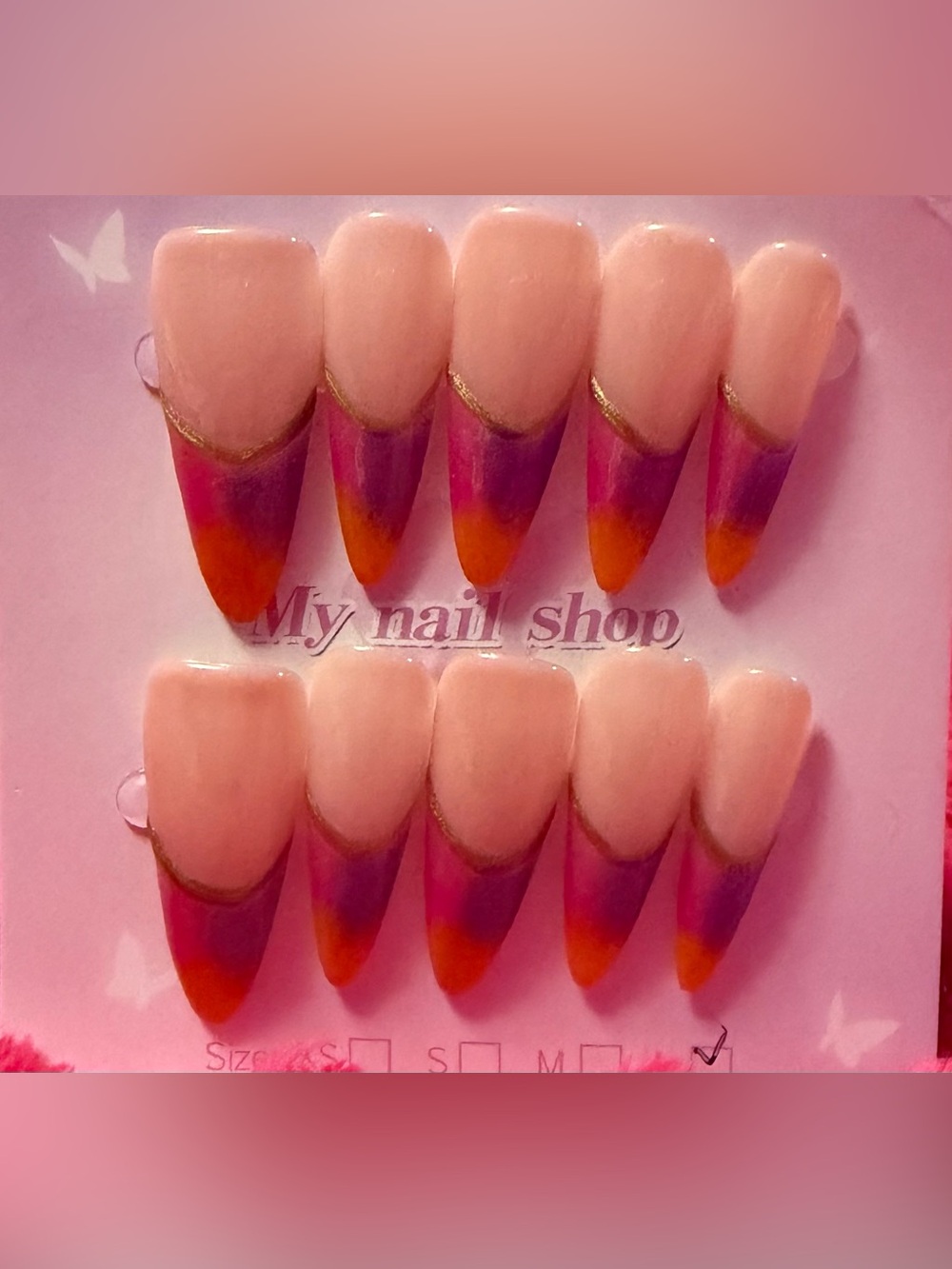 My Nail Shop Pink Ombre French Tip Press-On Nails with Gold Accent